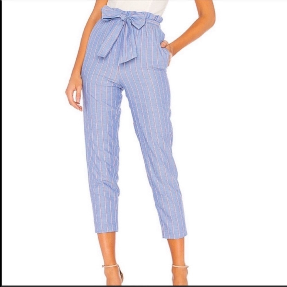 Striped Paperbag Waist Cropped Pants - Blue